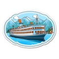 Colorized Cartoon Steamboat Sticker with Mountain Background