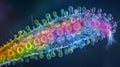 A colorized image of a rotifers body displaying a rainbow of vibrant hues. These colors stem from the presence of