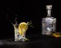 Colorless alcoholic drink in a glass with a slice of lemon and rosemary, splash. Vodka and decanter on a black background Royalty Free Stock Photo