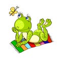 Colorless background with a green frog lies on the colored beach