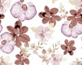 Colorless Botanical Design. Gray Orchid Background. Brown Hibiscus Wallpaper. Purple Flower Palm. Watercolor Background. Seamless