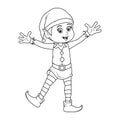 Colorless cartoon Christmas Elf. Black and white template page for coloring book with Santa Claus helper elf. Cute smiling gnome