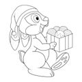 Colorless cartoon Rabbit in santa hat carries a full box of christmas balls. Black and white template for coloring book with Bunny