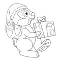 Colorless cartoon Rabbit in santa hat carry present box for celebration party. Black and white template page for coloring book