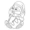 Colorless cartoon Rabbit in santa hat painting brush christmas ball. Black and white template page for coloring book with Hare