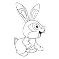 Colorless cartoon young Easter Hare sitting and smiling. Side view of hare with long ears. Template of coloring book Rabbit.