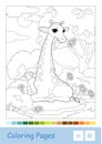 Colorless contour iillustration of eating a flower giraffe in the woodland in a frame. Wild animals, mammals, herbivores preschool