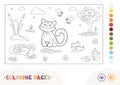 Colorless contour image of a striped cat sitting by the lake. Pets-related preschool kids coloring book illustrations