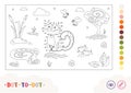 Colorless dot-to-dot image with a striped cat sitting by the lake. Pets-related preschool kids illustration