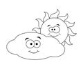 Colorless funny cartoon cloudand sun. Vector illustration. Color