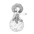 Colorless Vector Illustration of Young redhead Girl with Headphones, sitting on cartoon moon and listening music