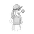 Colorless young teen girl in a baseball cap with headphones blowing bubblegum. Grayscale little girl vector cartoon hand