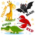 The colors are black bat, yellow giraffe, green crocodile, red crab.