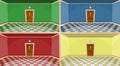 4 colors cartoon secret door concept. Empty rooms with door