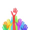 Colors hands up. hands up with heart love. Volunteer vector concept raising hands Royalty Free Stock Photo