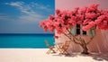 The colors of Portugal: pink tree flowers, blue sea, and red por Royalty Free Stock Photo