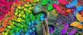 Colors of rainbow. Colorful morpho butterflies, artist\'s palette, pastel crayons and brushes. art