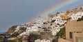 The colors rainbow with famous place of landscape view point as Sunset sky scene at Oia town on Santorini island Royalty Free Stock Photo