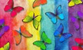 Colors of rainbow. Pattern of multicolored morpho butterflies. Abstract colorful pattern. Multicolored watercolor stains. Royalty Free Stock Photo