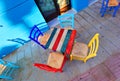 Colors table chairs old style in outdoor coffee shop in greece in summer Royalty Free Stock Photo