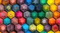 colors on the tips of a set of pencils arranged in a hexagonal pattern against a colorful backdrop. SEAMLESS PATTERN Royalty Free Stock Photo