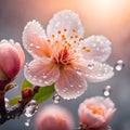 This image is of a gorgeous peach blossom surrounded by water droplets on a flowing surface.