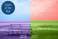 Colors of the Year, trend colors of different years. Lonely bench on the shore of a calm blue sea with a ship on the horizon. Royalty Free Stock Photo