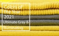 Colors of the year 2021 Ultimate Gray and Illuminating background. Gray and Illuminating .winter hats on a yellow background.