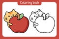 Colorting book.Painting book for kid.Cute cat eating apple cartoon