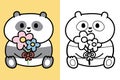 Colorting book.Painting book for kid.Cute panda bear in hold flower cartoon