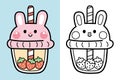 Colorting book.Panting book for kid.Cute rabbit strawberry bubble milk tea cup hand drawn