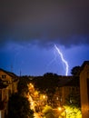 Colosal lightning hits the ground during a storm at night