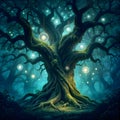 Mystical ancient tree with luminous orbs in an enchanted forest. Royalty Free Stock Photo