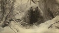 Colossal Bear Monster In Snow Covered Forest: A Hauntingly Beautiful Scene