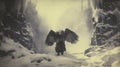 Colossal Bird Monster In Dark Snowy Forest: Fantasy Art Image