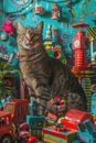 Colossal cat amidst science fiction gadgets, toys underfoot, evening light, playful dominance , high resolution