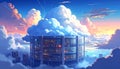 The colossal circular cloud data center floating majestically above a vibrant anime sky at sunset an epic vision of technology Royalty Free Stock Photo