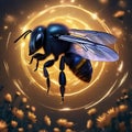 A colossal cosmic bee with wings of shimmering comet trails, pollinating alien flowers in space1