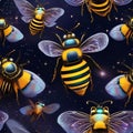 A colossal cosmic bee with wings of shimmering comet trails, pollinating alien flowers in space3