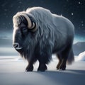 A colossal cosmic muskox with horns of cosmic ice, roaming the frozen plains of an icy asteroid2