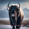 A colossal cosmic muskox with horns of cosmic ice, roaming the frozen plains of an icy asteroid5