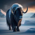 A colossal cosmic muskox with horns of cosmic ice, roaming the frozen plains of an icy asteroid4