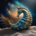 A colossal cosmic seahorse, its bioluminescent fin trailing streams of stardust as it navigates the cosmic seas5