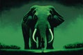 A colossal elephant with green glowing tusks confronts a young woman in a wondrous illustration. Fantasy concept , Illustration