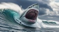 Giant Shark Emerging from a Crashing Wave with a Surfer in the Foreground colossal enormous Royalty Free Stock Photo