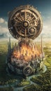 A colossal, intricate clockwork mechanism, its gears and cogs enormous and perpetually in motion