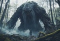 Colossal Moss Covered Creature in Misty Forest Royalty Free Stock Photo