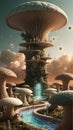 A colossal mushroom skyscraper, a marvel of biotech engineering, towers into the clouds Royalty Free Stock Photo