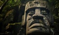 Colossal Olmec Head stone statue. Colossal Head, Olmec Mexican Culture. In the lush fantasy jungle. Royalty Free Stock Photo