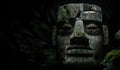 Colossal Olmec Head stone statue. Deep jungle. fantasy central american lush tropical forest. Royalty Free Stock Photo